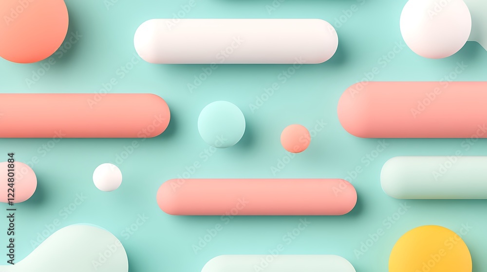 Poster abstract geometric shapes on soft colored background with round and elongated forms in pastel tones