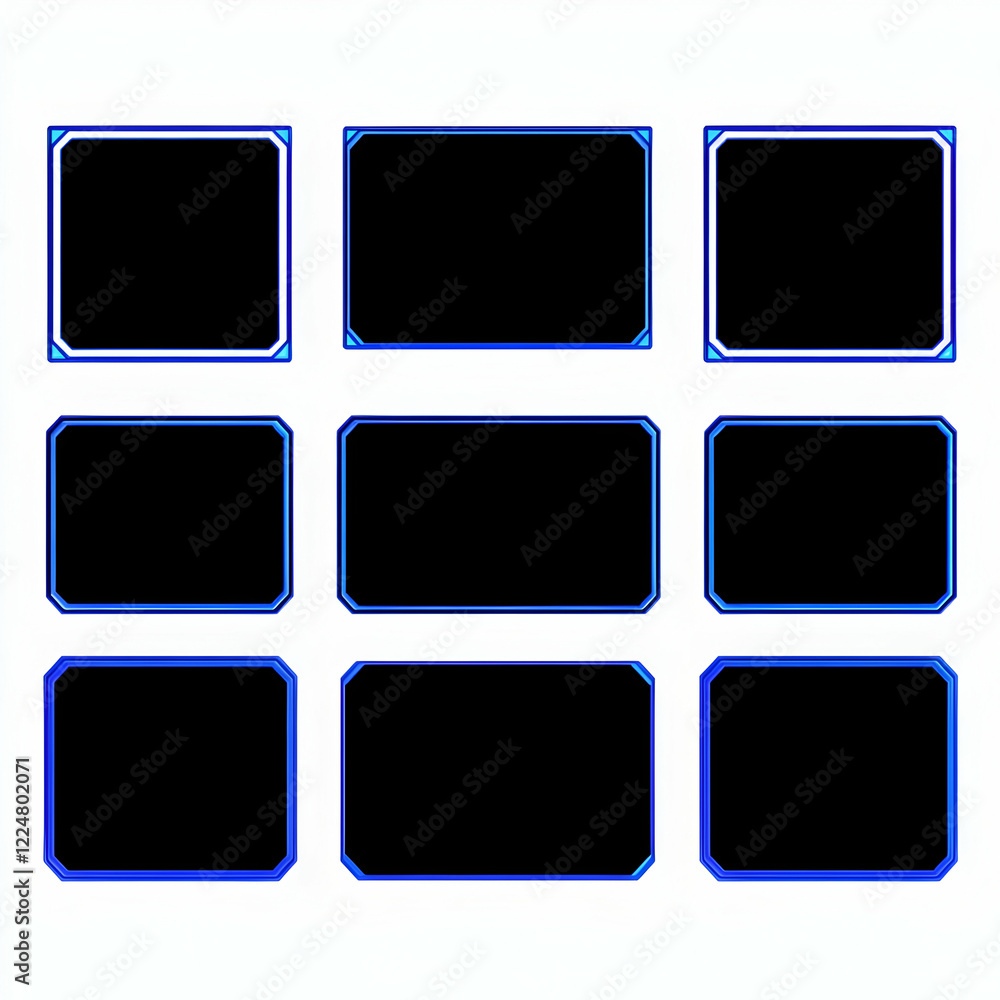 Poster nine empty rectangular frames with blue and white borders create a grid on a white background.