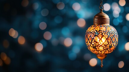 Illuminated Moroccan Lantern Hanging Against a Dreamy Blue Bokeh Background, Showcasing Intricate Mosaic Design and Radiant Glow of Warm Light