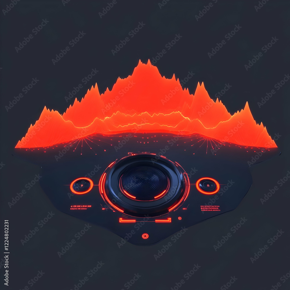 Poster futuristic interface displays glowing red data visualization on a dark background with advanced tech