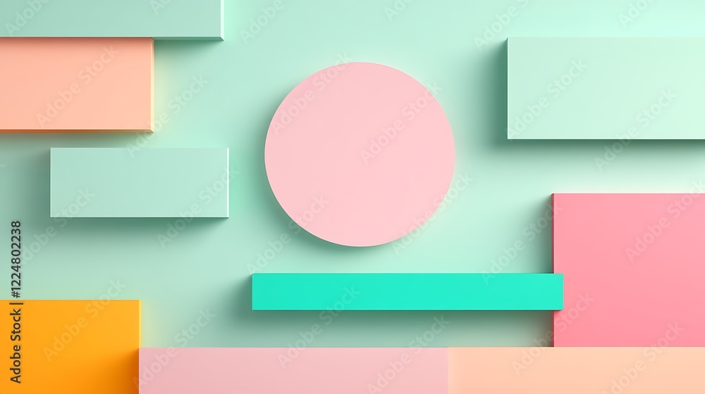 Poster abstract minimalistic composition with geometric shapes in soft pastel colors on a light background