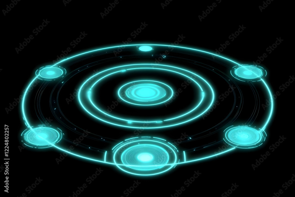 Poster glowing circular interface with neon lights illuminates a dark background dynamically.