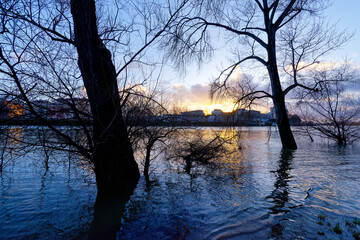 Seine river flood in Paris suburb. Ivry-sur-Seine city