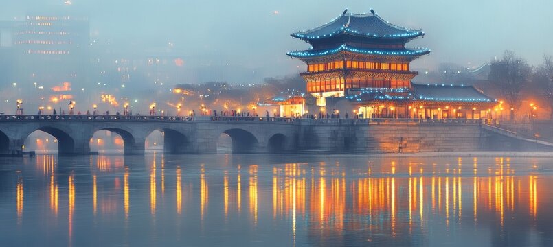 Tranquil Evening Scene, Misty Cityscape with Traditional Korean Architecture Lit Up on River Bank