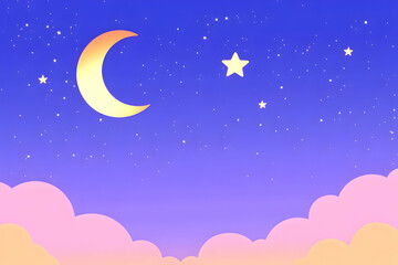 Naklejka premium Whimsical Night Sky Illustration with Crescent Moon, Stars, and Pastel Clouds Gently Illuminated