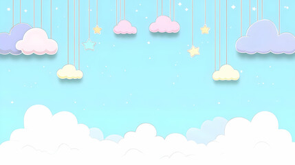 Obraz premium Whimsical Paper Clouds and Stars Hang in a Dreamy Blue Sky Background