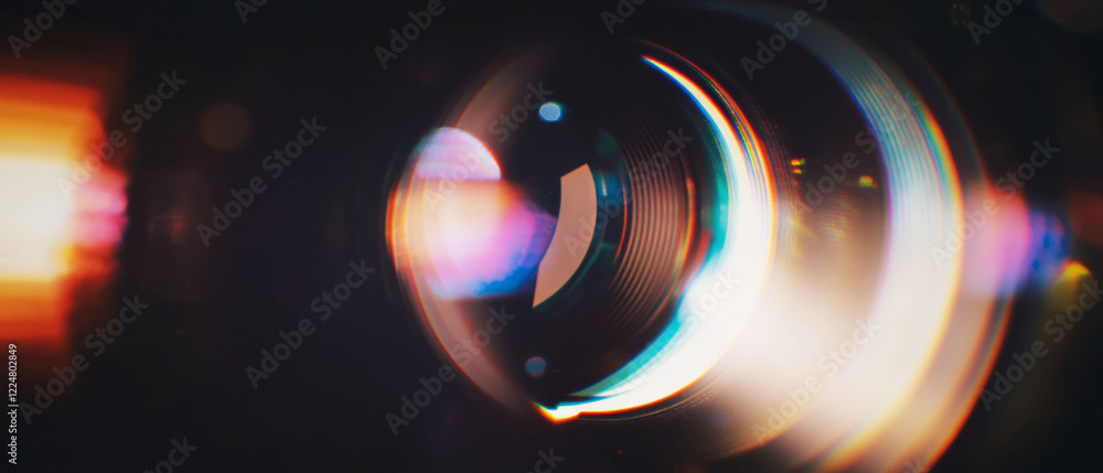 Poster bright light spots and dusty lens texture create a vintage effect on a dark background
