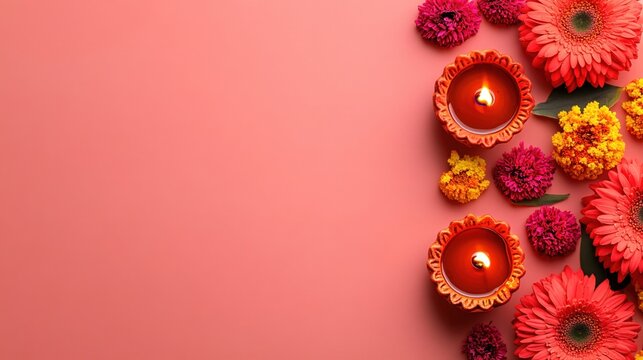 Festive arrangement of lit diya lamps and colorful flowers on a coral pink background