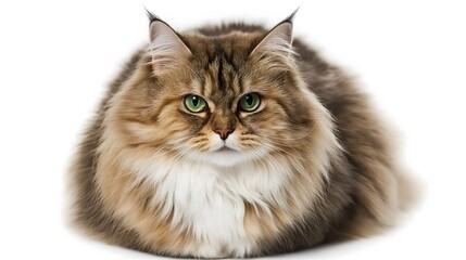 Obraz premium A Beautiful Siberian Cat with a Thick Coat and Piercing Eyes, Luxurious Fur, Isolated on White Background, Perfect Stock Photo for Cat Lovers and Pet Portraits