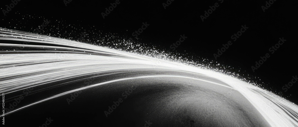 Poster overlay texture of dusty streaks and light trails on black background for creative messaging