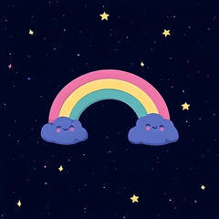 Fototapeta premium Whimsical Rainbow Bridges Smiling Clouds in a Starry Night Sky Illustration