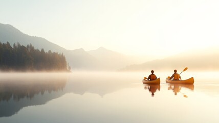 Boy Scouts paddling canoes across a calm, reflective lake, surrounded by lush forest and distant mountains