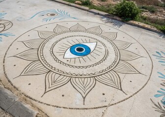 Minimalist Grunge Hand-Drawn Turkish Evil Eye Mandala: Blue Amulet for Protection