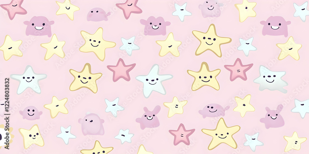 Poster cute smiling stars and blobs pattern on pink background illustration