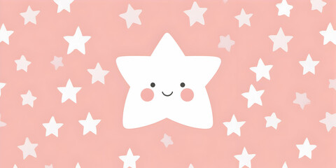 Cute White Kawaii Star Smiles on a Pink Background with White Stars Scattered