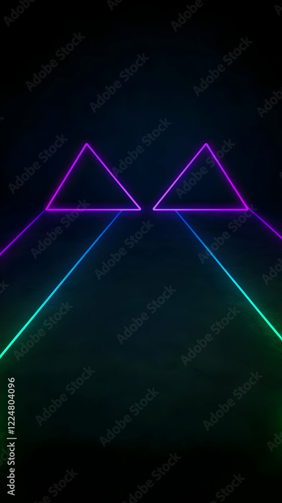 Poster neon triangles and lines illuminate a dark abstract background with vibrant colors