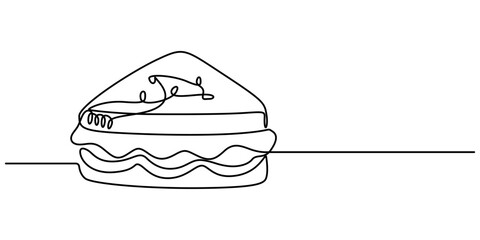 sandwich continuous one line drawing,  
Continuous Line Drawing of Fast Food Icon. Hand Drawn Symbol Vector Illustration, One single line drawing of fresh sandwich logo vector graphic art illustration