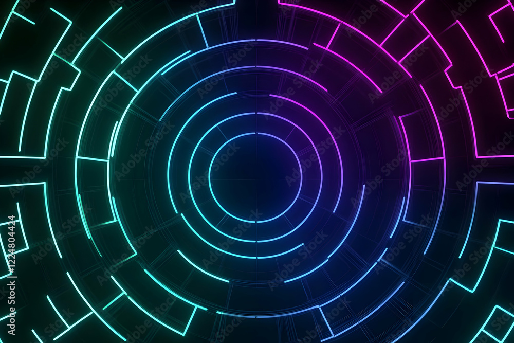 Poster neon circle lights glow in abstract background with digital maze pattern design