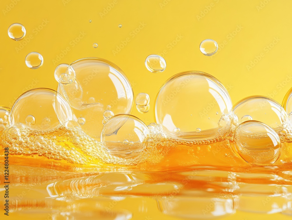 Poster liquid bubbles on yellow background with reflections and surface tension in a macro view