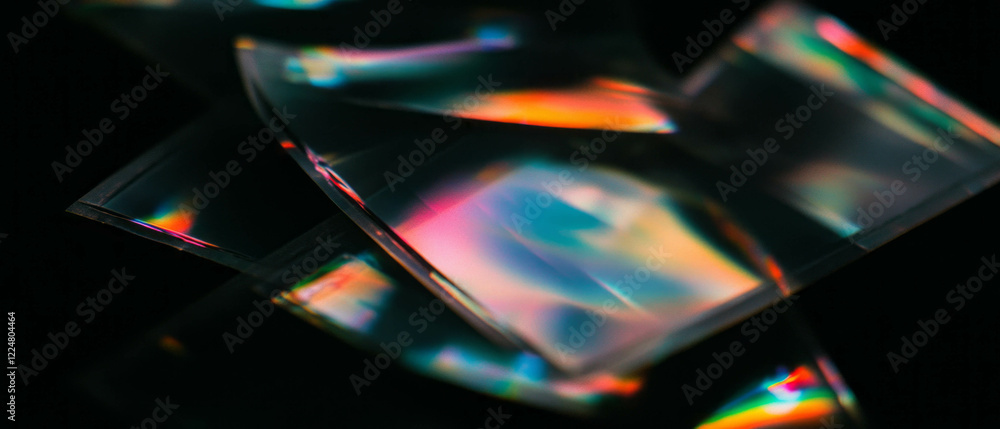 Poster overlay texture of film with vibrant color aberrations on a dark background