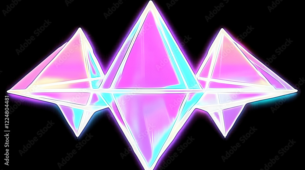 Poster three iridescent triangular shapes glow vividly against a black background, creating an abstract ill