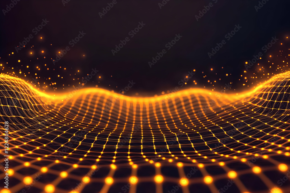 Poster abstract 3d glowing grid wave creates dynamic visuals with golden particles beautifully