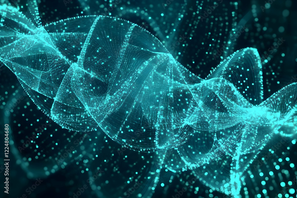 Aufkleber abstract turquoise wavy lines flowing smoothly in dark background with particles