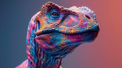 Abstract of Tyrannosaurus rex or T-rex dinosaur portrait in Cretaceous period with multi colored colorful on skin body paint, Vibrant bright gradients background