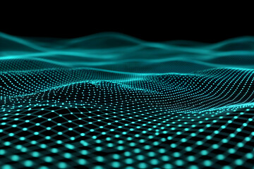 Obraz premium Abstract 3D turquoise mesh landscape flows gracefully on a black background, forming a dynamic waves.