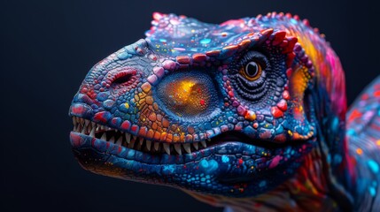 Abstract of Tyrannosaurus rex or T-rex dinosaur portrait in Cretaceous period with multi colored colorful on skin body paint, Vibrant bright gradients background