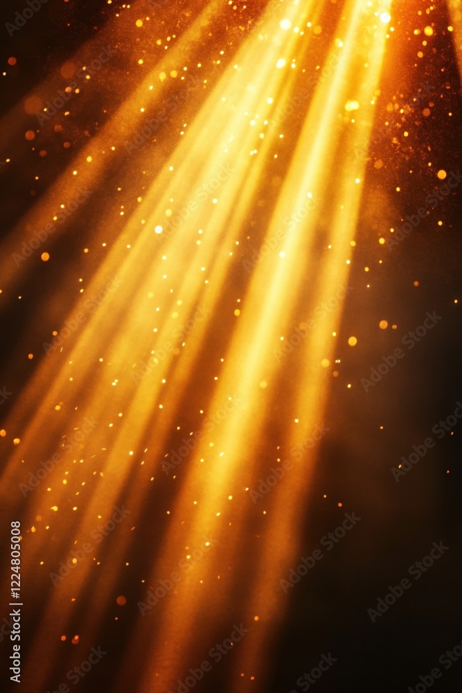 Aufkleber golden light beams with bokeh effect and dust particles on dark background creating a magical scene
