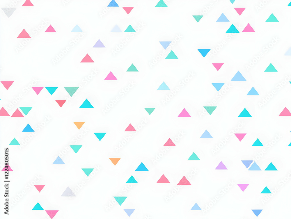 Poster colorful triangles scattered across a white background form an abstract pattern