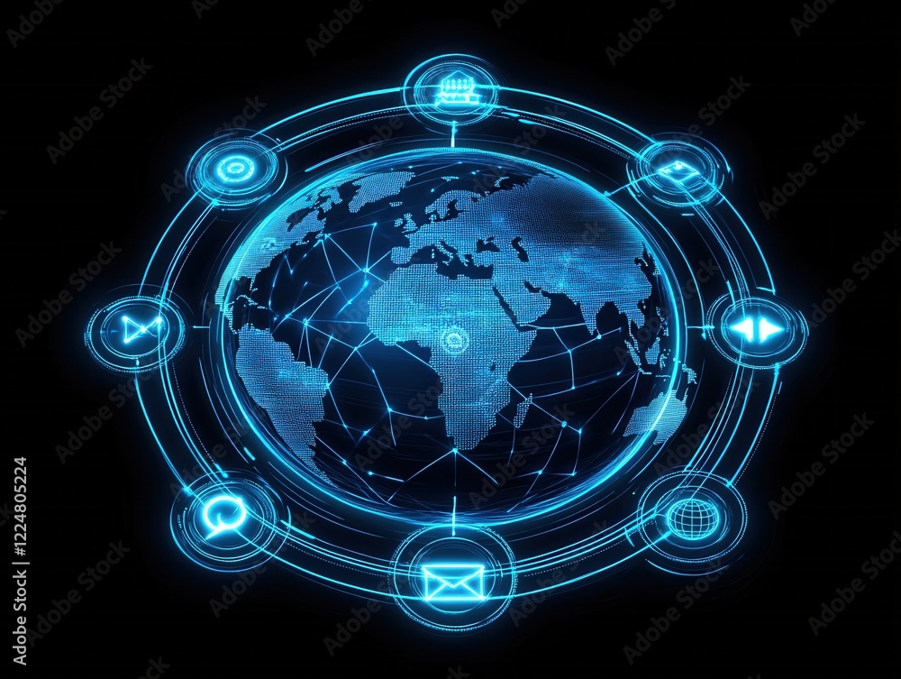 Poster global network with digital icons and glowing lines on black background technology concept