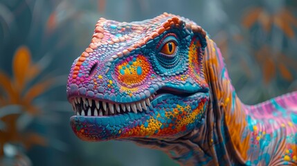 Abstract of Tyrannosaurus rex or T-rex dinosaur portrait in Cretaceous period with multi colored colorful on skin body paint, Vibrant bright gradients background