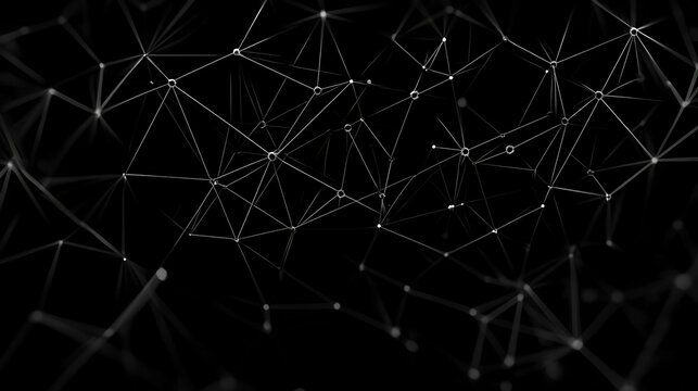 Abstract 3D network structure connects with dots and lines on a dark background, forming a complex web.