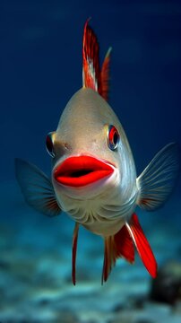 Vibrant underwater scene featuring a colorful red lipped batfish swimming gracefully in clear blue water