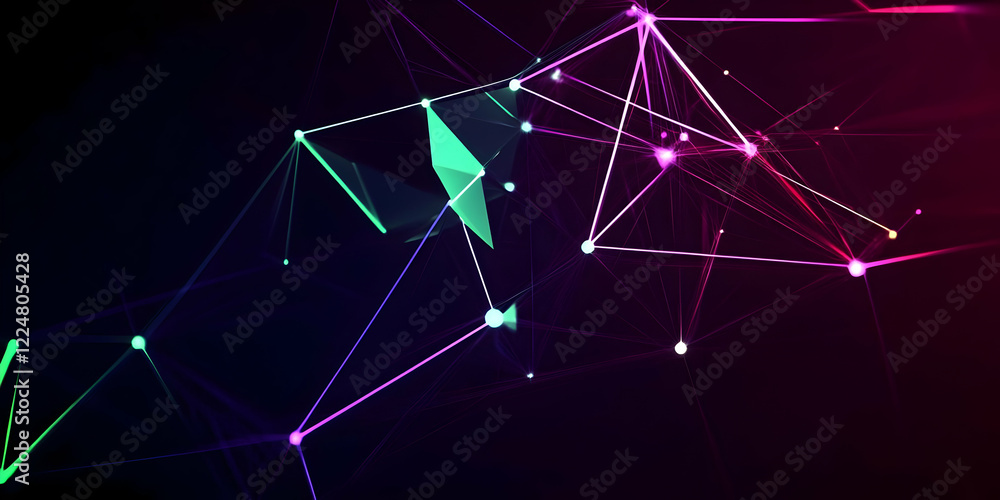 Poster abstract background with neon triangles and glowing lines creates futuristic design.
