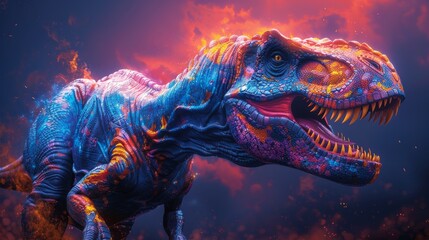 Abstract of Tyrannosaurus rex or T-rex dinosaur portrait in Cretaceous period with multi colored colorful on skin body paint, Vibrant bright gradients background