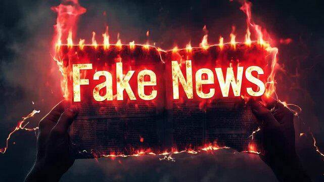 Hands hold a newspaper emblazoned with the bold phrase fake news, surrounded by a dramatic backdrop of flames and darkness, symbolizing the battle for truth in modern media.