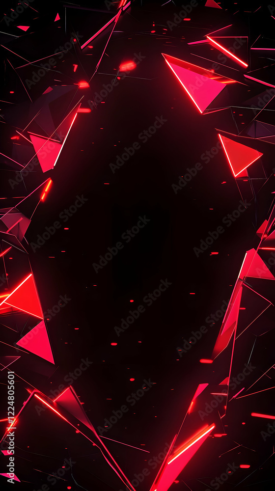 Aufkleber abstract red triangles frame a dark void with subtle particles.