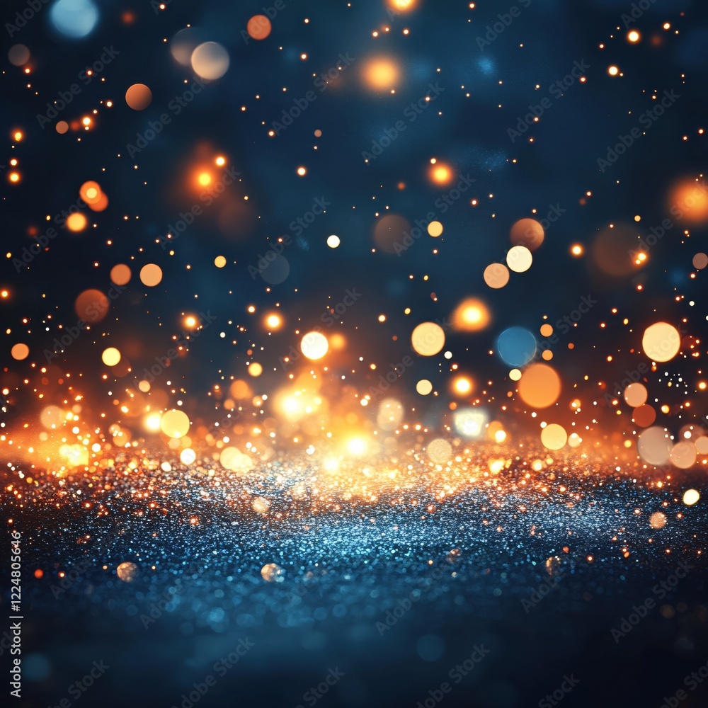 Poster abstract dark background with golden and blue bokeh lights sparkling and glowing