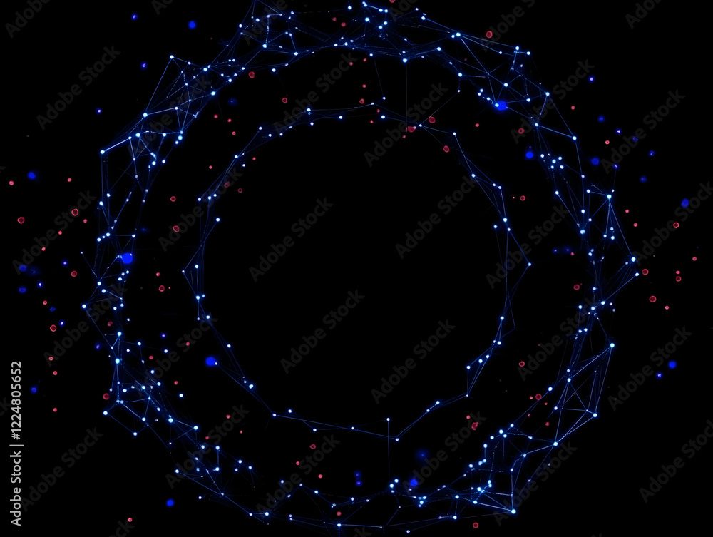 Poster abstract blue and red circular network forms an elegant design on a black background.