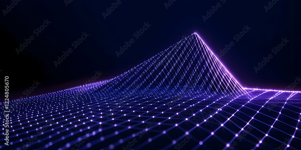 Poster abstract 3d landscape forms a peak with glowing lines and dots on a dark background.