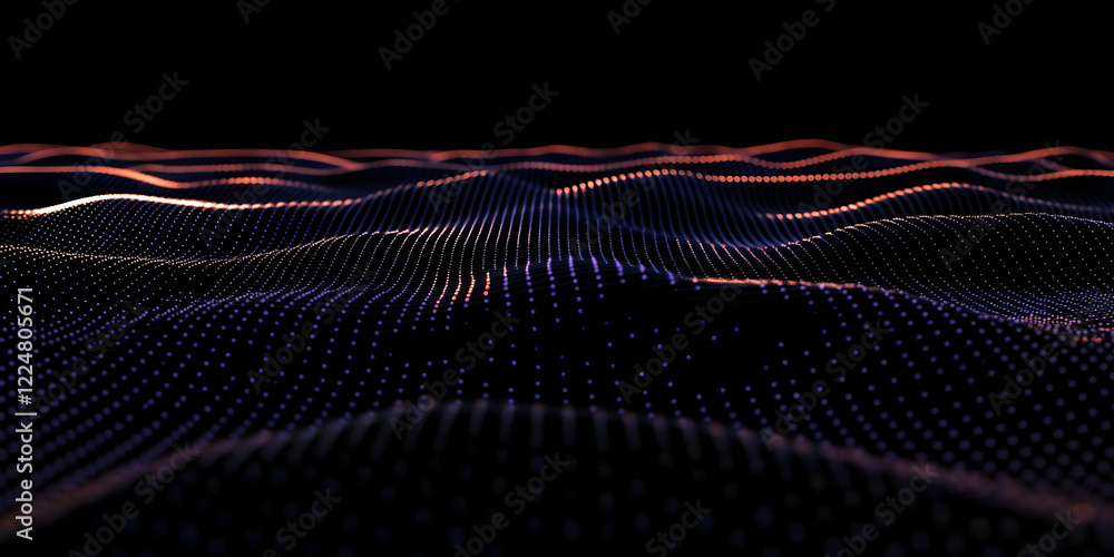 Poster abstract 3d landscape forms gentle waves with glowing particles on a dark background.