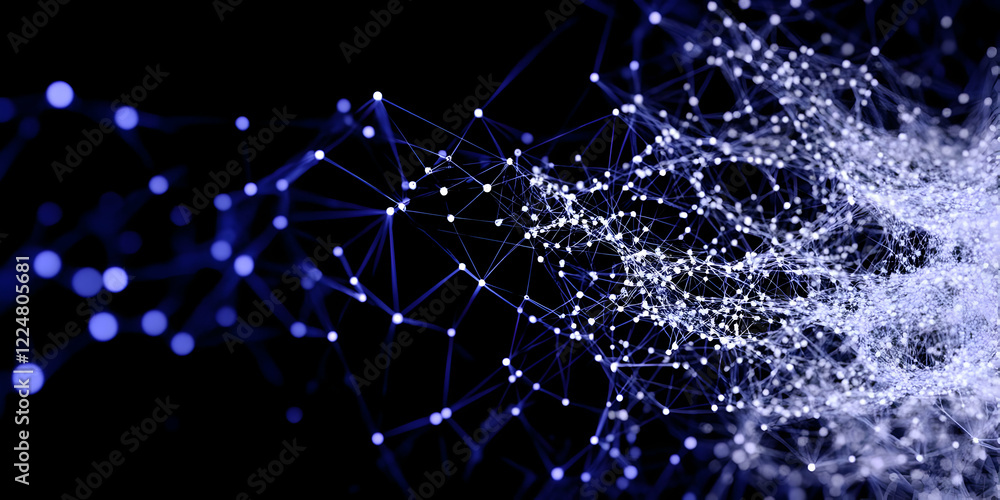 Poster abstract network connections form complex web structure in dark background with blue lights