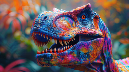 Abstract of Tyrannosaurus rex or T-rex dinosaur portrait in Cretaceous period with multi colored colorful on skin body paint, Vibrant bright gradients background