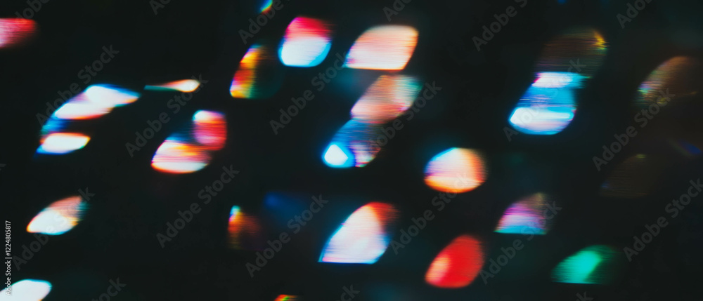 Poster Overlay texture of film featuring random noise and colorful reflections on a black background