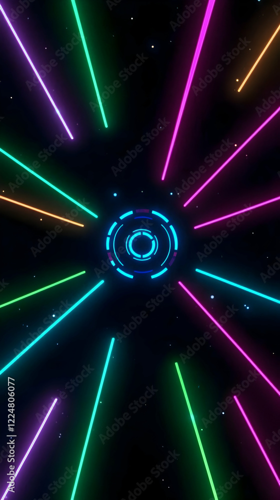 Poster neon lights radiate from a central circular hub in a dark background with colorful beams