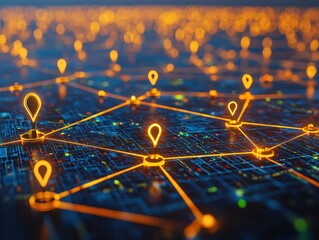 Glowing network of connections with location pins on a circuit board abstract technology