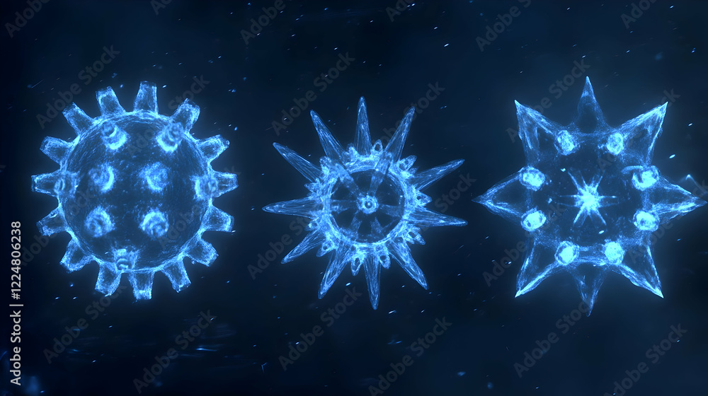 Poster three glowing blue microorganisms illustrate cellular structures in abstract 3d render